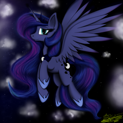 Size: 4000x4000 | Tagged: safe, artist:ser-p, derpibooru import, princess luna, alicorn, pony, absurd resolution, cloud, female, flying, mare, night, night sky, sky, solo