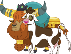 Size: 932x713 | Tagged: safe, artist:atmospark, artist:parclytaxel, derpibooru import, daisy jo, prince rutherford, cow, yak, party pooped, .svg available, cloven hooves, crown, ear piercing, earring, female, gold, horn, horn ring, jewelry, male, piercing, regalia, ring, rutherjo, shipping, simple background, straight, transparent background, udder, vector