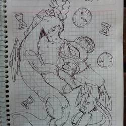 Size: 1080x1080 | Tagged: safe, artist:beyond_inside, derpibooru import, discord, fluttershy, draconequus, pegasus, pony, alternate hairstyle, clock, crying, female, graph paper, hair bun, hourglass, immortality blues, inktober, inktober 2019, lineart, male, older, older fluttershy, traditional art, wings