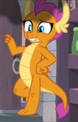 Size: 596x939 | Tagged: safe, derpibooru import, screencap, smolder, molt down, cropped, cute, leaning, smiling, smoke, smolderbetes, solo