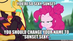 Size: 600x337 | Tagged: safe, derpibooru import, edit, edited screencap, screencap, pinkie pie, sunset shimmer, better together, equestria girls, wake up!, caption, image macro, text