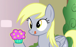 Size: 1080x671 | Tagged: safe, derpibooru import, edit, edited screencap, screencap, derpy hooves, pegasus, pony, triple threat, crossover, fairyversary muffin, food, muffin, solo, the fairly oddparents, this will not end well, tongue, tongue out