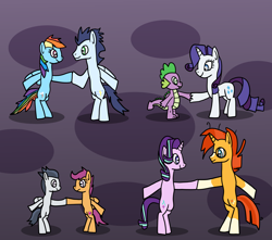 Size: 1600x1412 | Tagged: safe, artist:platinumdrop, derpibooru import, rainbow dash, rarity, rumble, scootaloo, soarin', spike, starlight glimmer, sunburst, dragon, pony, unicorn, bipedal, dancing, female, male, request, rumbloo, shipping, soarindash, sparity, starburst, straight