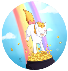 Size: 1024x1077 | Tagged: safe, artist:foxhatart, derpibooru import, oc, oc only, oc:honey, pony, unicorn, coin, cute, female, mare, ocbetes, pot of gold, solo