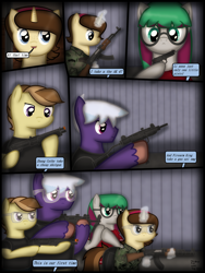 Size: 1750x2333 | Tagged: safe, artist:99999999000, derpibooru import, oc, oc only, oc:firearm king, oc:li anna, oc:mar baolin, oc:zhang cathy, earth pony, pegasus, pony, unicorn, comic:new guy, airsoft, ak, ak-47, assault rifle, comic, female, glasses, gun, handgun, hoof hold, iguana, male, pistol, rifle, shotgun, submachinegun, uzi, weapon