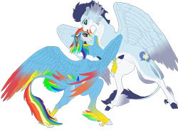 Size: 3700x2815 | Tagged: safe, artist:dragonpinkiepie, derpibooru import, rainbow dash, soarin', alternate design, colored wings, female, male, shipping, simple background, soarindash, straight, transparent background, wings