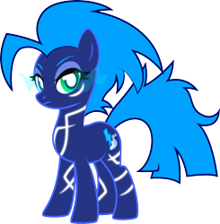 Size: 2513x2564 | Tagged: safe, artist:lightning stripe, derpibooru exclusive, derpibooru import, oc, oc:plasma rain, earth pony, pony, big mane, big tail, blue coat, blue mane, body markings, commission, cutie mark, deadpan, female, heterochromia, lidded eyes, magic, mare, show accurate, simple background, solo, transparent background, white pupils