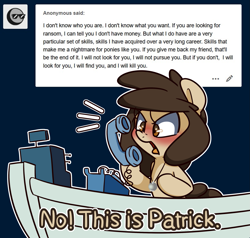 Size: 1625x1547 | Tagged: safe, artist:lou, derpibooru import, oc, oc only, oc:louvely, ask, boat, meme, solo, telephone, tumblr