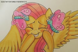 Size: 1512x1019 | Tagged: safe, artist:tiger-of-my-eye, derpibooru import, discord, fluttershy, butterfly, pegasus, pony, blushing, bust, eyes closed, female, gritted teeth, kissing, male, mare, smiling, spread wings, traditional art, wings