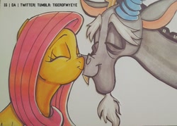 Size: 1531x1098 | Tagged: safe, artist:tiger-of-my-eye, derpibooru import, discord, fluttershy, draconequus, pegasus, pony, bust, discoshy, eyes closed, female, male, mare, nuzzling, shipping, smiling, straight, traditional art