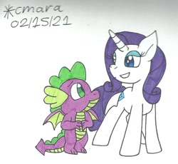 Size: 976x898 | Tagged: safe, artist:cmara, derpibooru import, rarity, spike, dragon, pony, unicorn, bedroom eyes, eyeshadow, female, grin, makeup, male, shipping, simple background, smiling, sparity, straight, traditional art, white background, winged spike