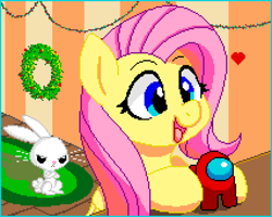 Size: 2130x1700 | Tagged: safe, artist:handgunboi, derpibooru import, edit, angel bunny, fluttershy, pegasus, pony, among us, crewmate, cute, female, happy, mare, open mouth, pixel art, shyabetes, simple background, solo, white background