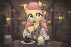 Size: 1800x1200 | Tagged: safe, artist:yanamosuda, derpibooru import, fluttershy, pegasus, pony, blushing, bow, cake, clothes, cup, cute, dessert, ear piercing, earring, eating, female, food, fork, full face view, hair bow, hoof hold, indoors, jewelry, looking at you, mare, piercing, shyabetes, smiling, solo, table