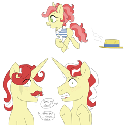 Size: 925x907 | Tagged: safe, artist:unoriginai, derpibooru import, flam, flim, oc, oc:conny, pony, unicorn, blatant lies, blushing, female, filly, implied incest, magical gay spawn, male, nervous, offspring, parent:flam, parent:flim, parents:flimflam, product of incest, simple background, stallion, white background