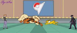 Size: 3000x1292 | Tagged: safe, artist:linedraweer, derpibooru import, oc, oc:rainbow lightspeed, human, equestria girls, arcanine, arena, blue, commission, fight, gary oak, gym leader, hat, humanized, jolteon, meditation, pokemon arena, pokemon champion, pokémon, pokémon battle