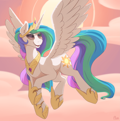 Size: 2485x2500 | Tagged: safe, artist:ailoy4, derpibooru import, princess celestia, alicorn, pony, cloud, ear fluff, ears, female, flying, high res, hoof shoes, jewelry, mare, open mouth, peytral, regalia, smiling, solo, spread wings, sun, sunglasses, wings
