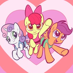 Size: 2080x2080 | Tagged: safe, artist:pfeffaroo, apple bloom, scootaloo, sweetie belle, earth pony, pegasus, pony, unicorn, adorabloom, bow, clothes, cosplay, costume, crossover, cute, cutealoo, cutie mark crusaders, diasweetes, dress, female, filly, hair bow, heart, high res, open mouth, the powerpuff girls, trio