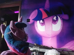 Size: 745x559 | Tagged: safe, derpibooru import, twilight sparkle, twilight sparkle (alicorn), alicorn, pony, ears, face mask, female, floppy ears, irl, mare, mask, photo, plushie, smiling