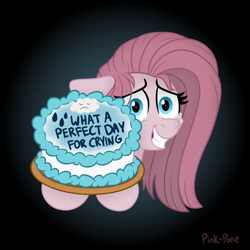 Size: 1700x1700 | Tagged: safe, artist:pink-pone, derpibooru import, pinkie pie, earth pony, pony, black and white, black background, cake, crying, ears, floppy ears, food, grayscale, grin, looking at you, monochrome, pinkamena diane pie, simple background, smiling, song reference