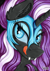 Size: 3446x4874 | Tagged: safe, artist:julunis14, derpibooru import, nightmare rarity, pony, unicorn, armor, bedroom eyes, bust, ear fluff, ears, fangs, helmet, licking, markers, portrait, signature, solo, tongue, tongue out, traditional art