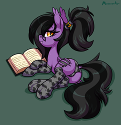 Size: 2400x2480 | Tagged: safe, artist:moonseeker, derpibooru import, oc, oc only, oc:midnight oil, bat pony, pony, bat pony oc, bat wings, book, clothes, eyelashes, fangs, female, glasses, hairclip, looking at you, lying down, mare, nerd, panties, simple background, socks, solo, underwear, wings