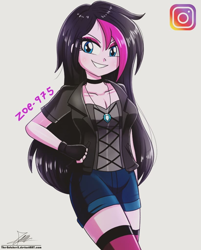 Size: 822x1020 | Tagged: safe, artist:the-butch-x, derpibooru import, oc, oc only, oc:zoe star pink, equestria girls, blue eyes, clothes, collar, confident, denim shorts, female, fingerless gloves, gift art, gloves, goth, hand on hip, instagram, jewelry, long hair, looking at you, multicolored hair, necklace, pink skin, shorts, smiling, smiling at you, solo, solo female, tomboy