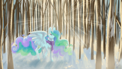Size: 1920x1080 | Tagged: safe, artist:celticsphinx, derpibooru import, princess celestia, alicorn, pony, clothes, crepuscular rays, female, forest, mare, outdoors, scarf, snow, solo, winter