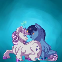 Size: 768x768 | Tagged: safe, artist:rainydayjitters, derpibooru import, night light, twilight velvet, pony, unicorn, curved horn, eye contact, female, horn ring, husband and wife, leonine tail, looking at each other, lying down, magic, male, mare, married couple, prone, stallion, unshorn fetlocks
