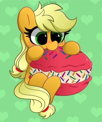 Size: 3428x4096 | Tagged: safe, artist:kittyrosie, derpibooru import, applejack, earth pony, blushing, chibi, cute, eating, food, green background, hatless, heart, jackabetes, macaron, missing accessory, remake, simple background, sitting, solo