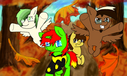 Size: 854x512 | Tagged: safe, artist:sugar puppy, derpibooru import, oc, oc only, oc:bman64, oc:dreamer skies, oc:sprite, oc:yoshi ringo, pony, band, fanfic art, gift art, group, leaves, pony oc, tree