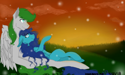 Size: 854x512 | Tagged: safe, artist:aquashock_70, derpibooru import, oc, oc:aquashock, oc:dreamer skies, firefly (insect), insect, pony, 3ds, grass, grass field, lying down, oc x oc, romantic, shipping, sunset