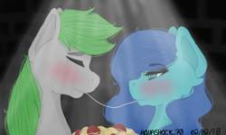 Size: 854x512 | Tagged: safe, artist:aquashock_70, derpibooru import, oc, oc:aquashock, oc:dreamer skies, lady and the tramp, looking at each other, oc x oc, one eye closed, romantic, shipping, spaghetti scene