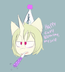 Size: 652x718 | Tagged: safe, artist:leola-kittycorn, derpibooru import, oc, oc only, oc:sardonic ardor, unicorn, :), bags under eyes, birthday, dunce hat, ear piercing, hat, horn, mouth hold, noisemaker, piercing, ponysona, self insert, short mane, tired, unamused, unicorn oc