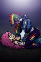 Size: 1000x1500 | Tagged: safe, artist:glomasy, derpibooru import, fluttershy, rainbow dash, equestria girls, blushing, breasts, clenched teeth, female, femdom, flutterdash, hootershy, imminent sex, lesbian, looking at each other, lying down, on back, on top, pinned down, shipping, smiling, straddling