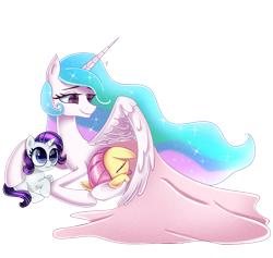 Size: 7500x7100 | Tagged: safe, artist:melanyoprisdraws, derpibooru import, fluttershy, princess celestia, rarity, alicorn, pegasus, pony, unicorn, comforting, cute, cutelestia, eyes closed, female, filly, filly fluttershy, filly rarity, hug, mare, momlestia, prone, raribetes, shyabetes, simple background, transparent background, winghug, wings, younger