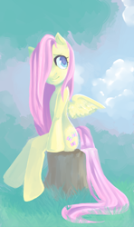 Size: 474x800 | Tagged: safe, artist:whimsical-vanilla, derpibooru import, fluttershy, pegasus, semi-anthro, hair over one eye, sitting, solo, tree stump