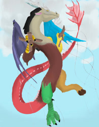 Size: 750x960 | Tagged: safe, artist:drizzthunter, derpibooru import, discord, draconequus, marionette, puppet strings, sky background, solo