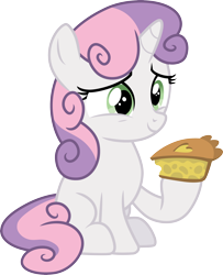 Size: 3000x3687 | Tagged: safe, artist:cloudyglow, derpibooru import, sweetie belle, pony, unicorn, .ai available, female, filly, food, hoof hold, pie, simple background, sitting, smiling, solo, transparent background, vector