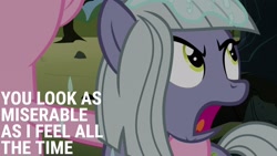 Size: 1920x1080 | Tagged: safe, derpibooru import, edit, edited screencap, editor:quoterific, screencap, limestone pie, pinkie pie, earth pony, pony, the maud couple, angry, crying, duo, female, hug, limestone pie is not amused, mare, open mouth, pie sisters, siblings, sisters, sitting, unamused