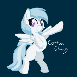 Size: 535x533 | Tagged: safe, artist:alazak, derpibooru import, cotton cloudy, pegasus, pony, bipedal, blue background, female, filly, fluffy, hooves, hooves up, raised hoof, raised leg, signature, simple background, smiling, solo