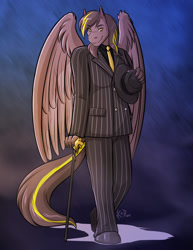 Size: 773x1000 | Tagged: safe, artist:kadath, derpibooru import, oc, oc only, oc:zeus, anthro, pegasus, cane, clothes, commission, digital art, eyebrows visible through hair, fedora, hat, looking at you, male, necktie, pants, shoes, signature, simple background, smiling, smirk, solo, suit, tail, wings