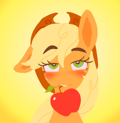 Size: 2776x2840 | Tagged: safe, artist:littmosa, derpibooru import, applejack, earth pony, pony, apple, bedroom eyes, blushing, bust, female, food, gradient background, looking up, mare, mouth hold, one ear down, portrait, raised eyebrow, simple background, solo, yellow background