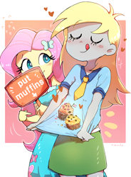 Size: 1038x1412 | Tagged: safe, artist:nendo, derpibooru import, derpy hooves, fluttershy, equestria girls, :p, abstract background, blushing, carrying, clothes, cute, dress, duo, duo female, eyes closed, female, food, heart, muffin, necktie, pointing, shirt, sign, skirt, that pony sure does love muffins, tongue, tongue out