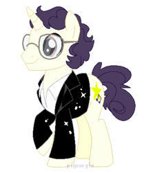 Size: 356x426 | Tagged: safe, artist:pigeorgien, artist:selenaede, derpibooru import, pony, unicorn, 80s, base used, clothes, glasses, jacket, male, ponified, raised hoof, raised leg, shirt, singer, smiling, solo, sparkles, stallion, the buggles, trevor horn