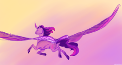 Size: 1198x639 | Tagged: safe, artist:iceofwaterflock, derpibooru import, twilight sparkle, twilight sparkle (alicorn), alicorn, pony, curved horn, flying, horn, solo