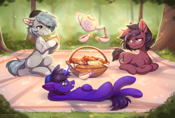 Size: 2921x1978 | Tagged: safe, artist:fensu-san, derpibooru import, oc, oc only, earth pony, pony, unicorn, cup, food, magic, picnic, pie, sandwich, teacup, teapot, tree