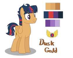 Size: 1970x1572 | Tagged: safe, artist:sarasdream04, derpibooru import, oc, oc:dusk gold, pegasus, pony, magical lesbian spawn, male, offspring, parent:sunset shimmer, parent:twilight sparkle, parents:sunsetsparkle, reference sheet, simple background, solo, stallion, transparent background