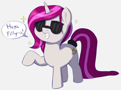 Size: 2688x1984 | Tagged: safe, artist:heretichesh, derpibooru import, oc, oc:zew, pony, unicorn, cool, dialogue, female, filly, glasses, grin, smiling, solo, sunglasses, tail wrap, text