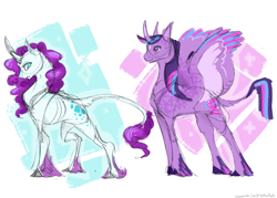 Size: 5730x4110 | Tagged: safe, artist:iceofwaterflock, derpibooru import, rarity, twilight sparkle, twilight sparkle (alicorn), alicorn, classical unicorn, unicorn, alternate design, cloven hooves, colored sketch, duo, leonine tail, sketch, unshorn fetlocks