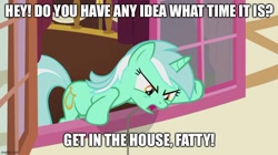 Size: 888x499 | Tagged: safe, derpibooru import, edit, edited screencap, screencap, lyra heartstrings, pony, unicorn, slice of life (episode), angry, caption, family guy, image macro, looking back, meme, quote, reference, text, window, yelling